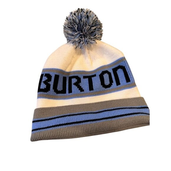 Burton Striped Pom Pom Beanie Hat Winter Knit Cap Blue & Gray Unisex One Size - Picture 1 of 6